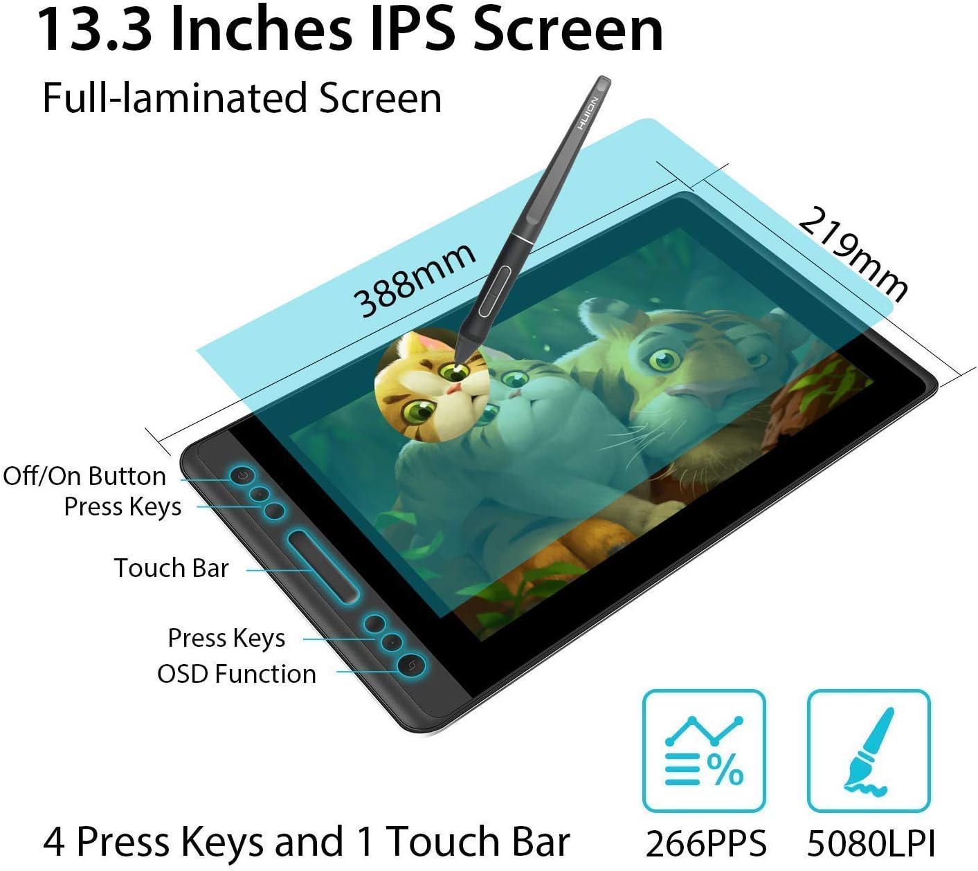 HUION KAMVAS Pro 13 Graphics Drawing Monitor with Stand, Full-Laminated Anti-Glare Screen