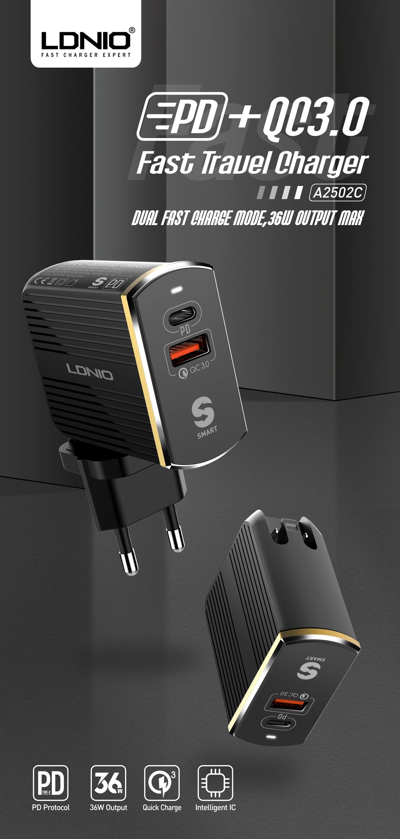 LDNIO A2502C EU Plug With Type-C Slot