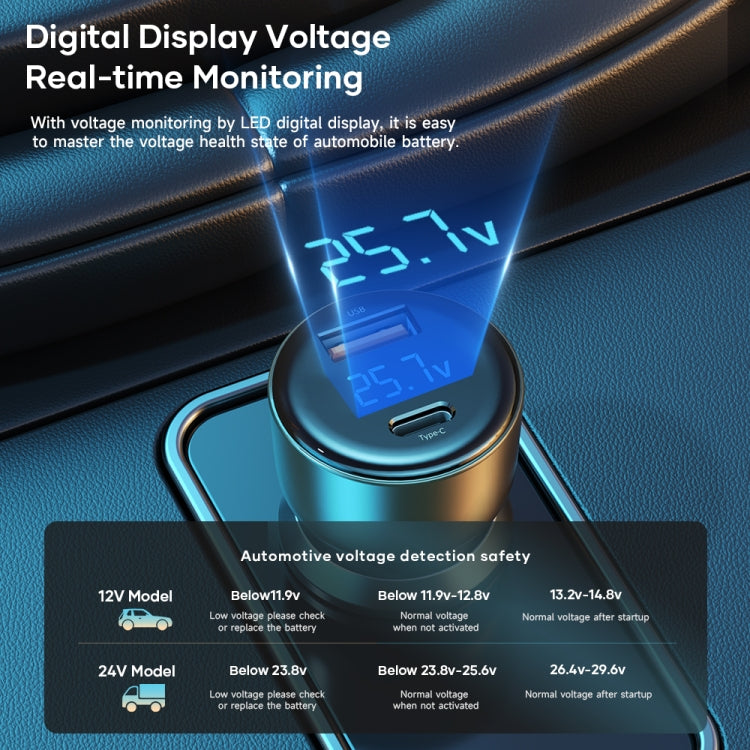 ROCK H16 Dual Port 72W A+C Fast Car Charger Type-C USB 2 Port with Display