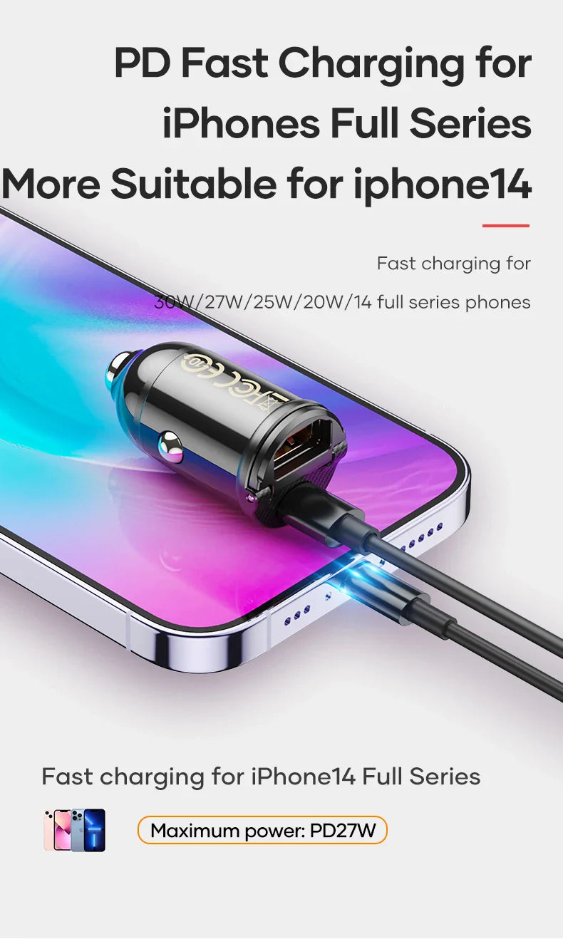 ROCK 30W Type C Car Charger QC3.0 PD3.0 Mini Metal Dual USB Fast Charging Adapter