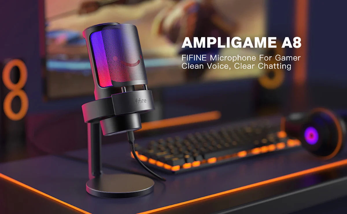 FIFINE AMPLIGAME A8 USB MIC WITH CONTROLLABLE RGB, LIVE MONITORING, INPUT DIAL, POP FILTER FOR STREAMING