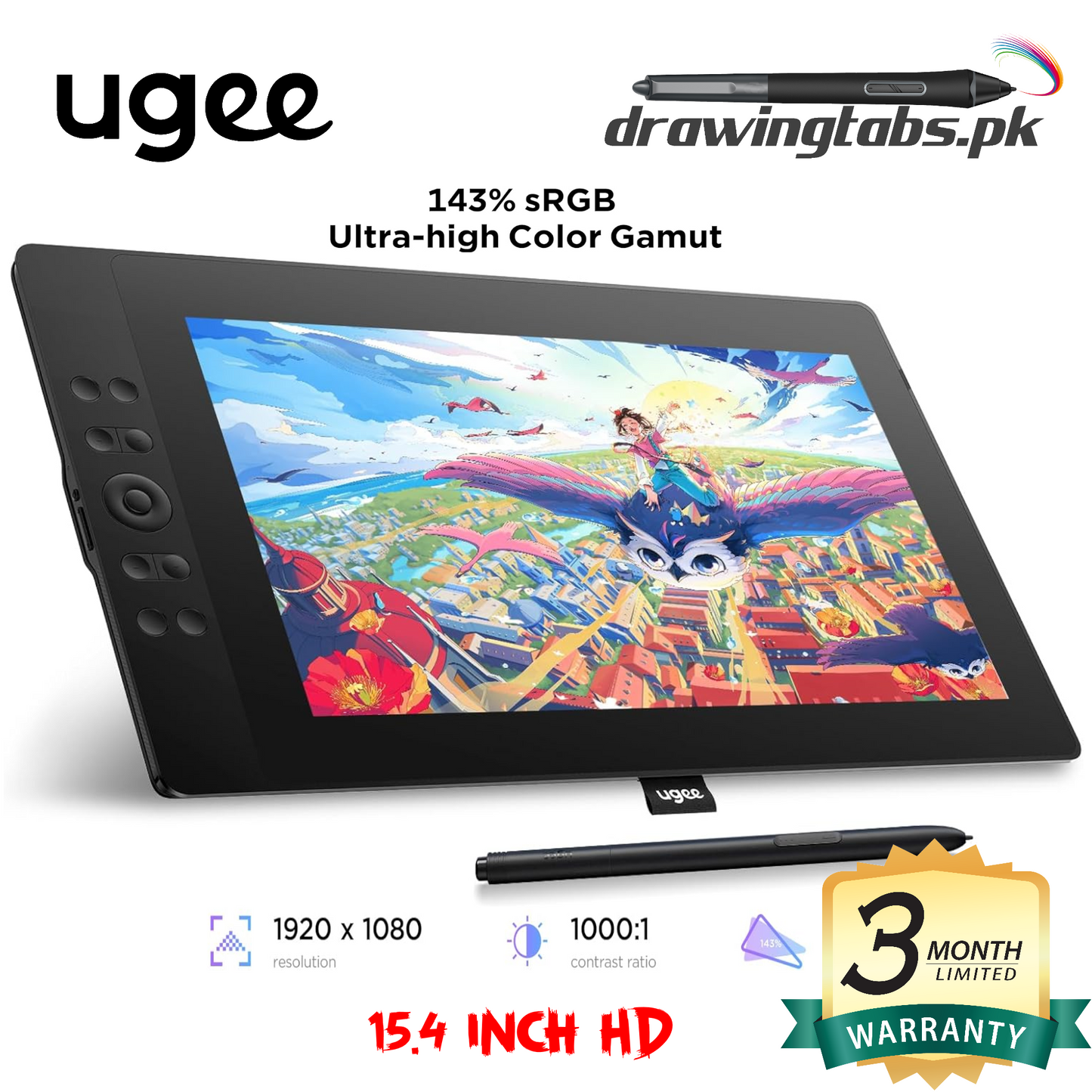 UGEE 15.4 inch Drawing Tablet with Screen,143% sRGB UE16 Computer Graphics Tablet