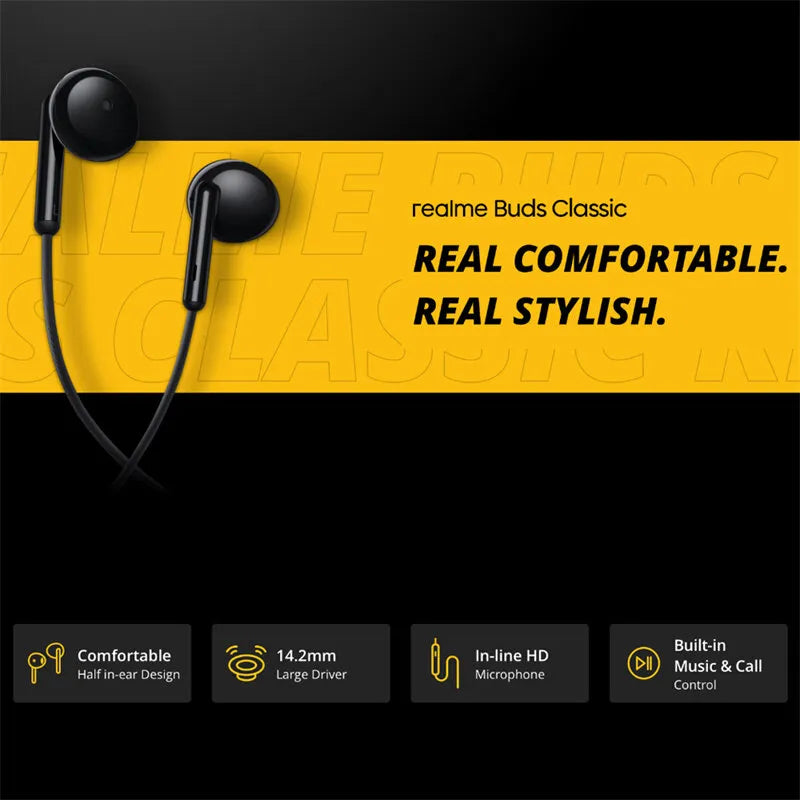 Realme Buds Classic Earphone Type C Half In-Ear Wired Music Built-in Microphone 14.2mm Large Driver Headset -White