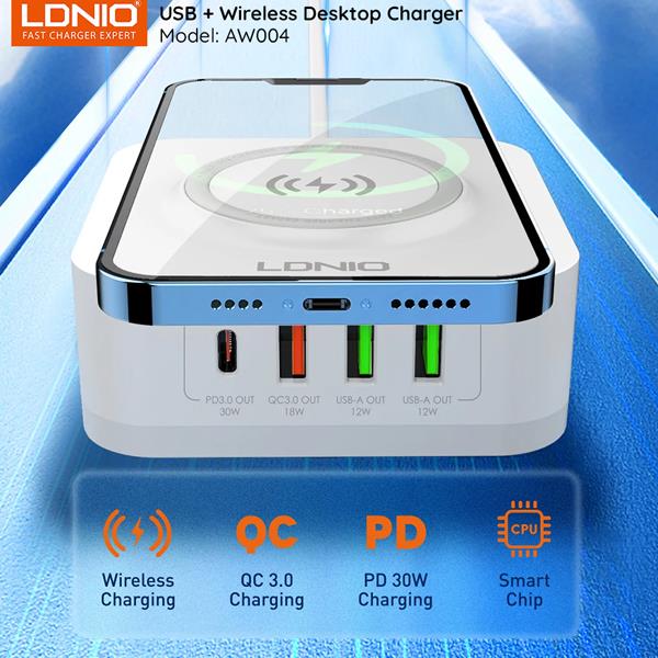 LDNIO 15W Wireless Charger Office Charging Station Mobile Phone 4 USB Ports Cell Phone Wireless Stand Charger – White