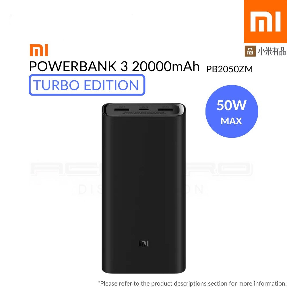 Xiaomi Mi Power Bank 3 20000mAh 50W Max Flash Charge 3Ports Output for Laptop and Smartphone - Black