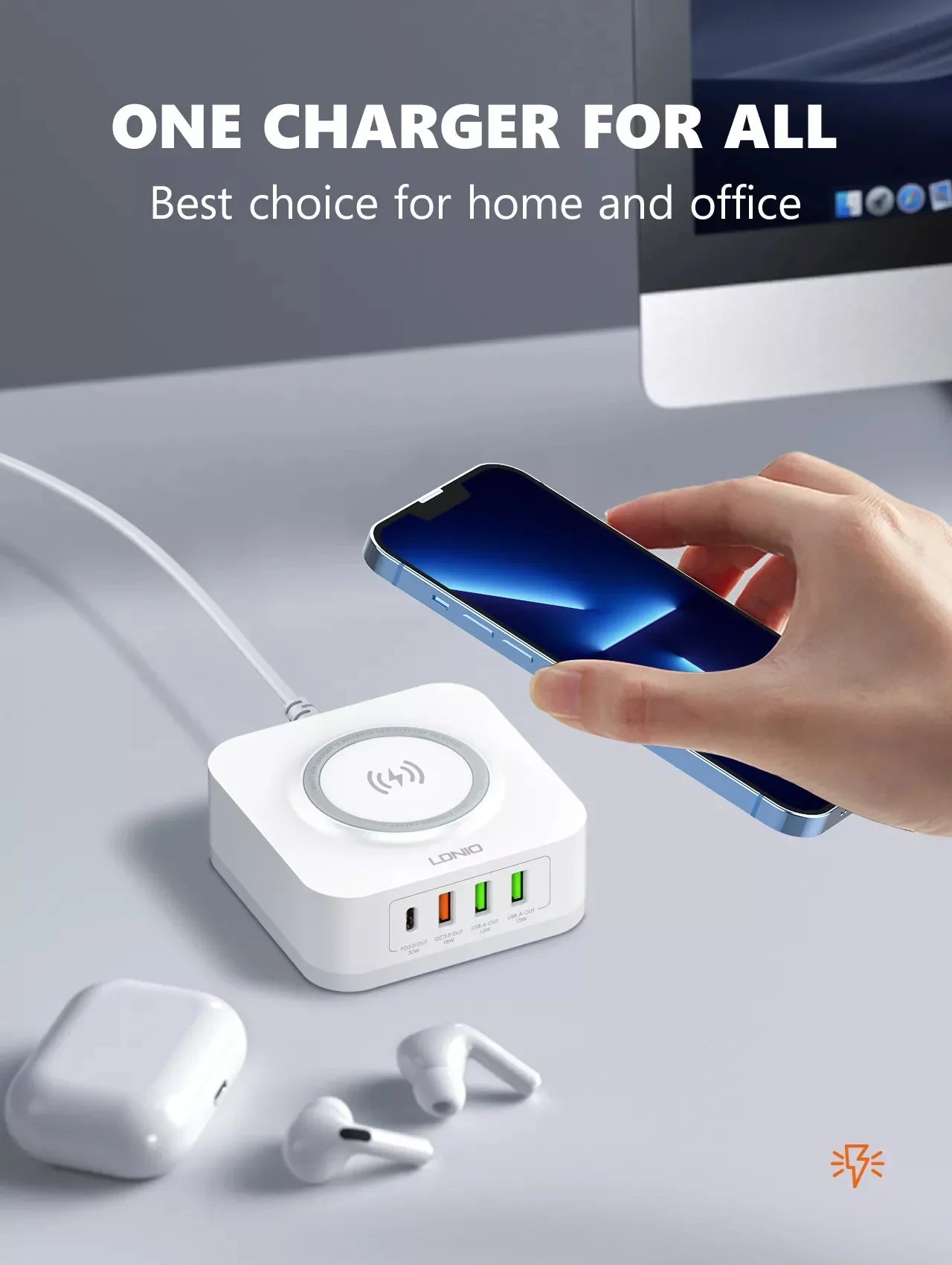 LDNIO 15W Wireless Charger Office Charging Station Mobile Phone 4 USB Ports Cell Phone Wireless Stand Charger – White