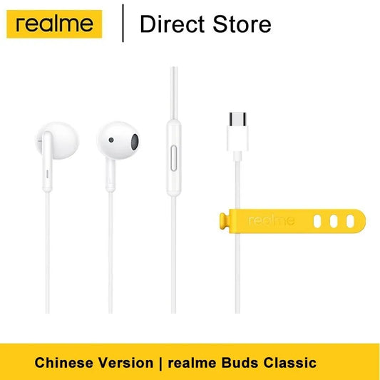 Realme Buds Classic Earphone Type C Half In-Ear Wired Music Built-in Microphone 14.2mm Large Driver Headset -White