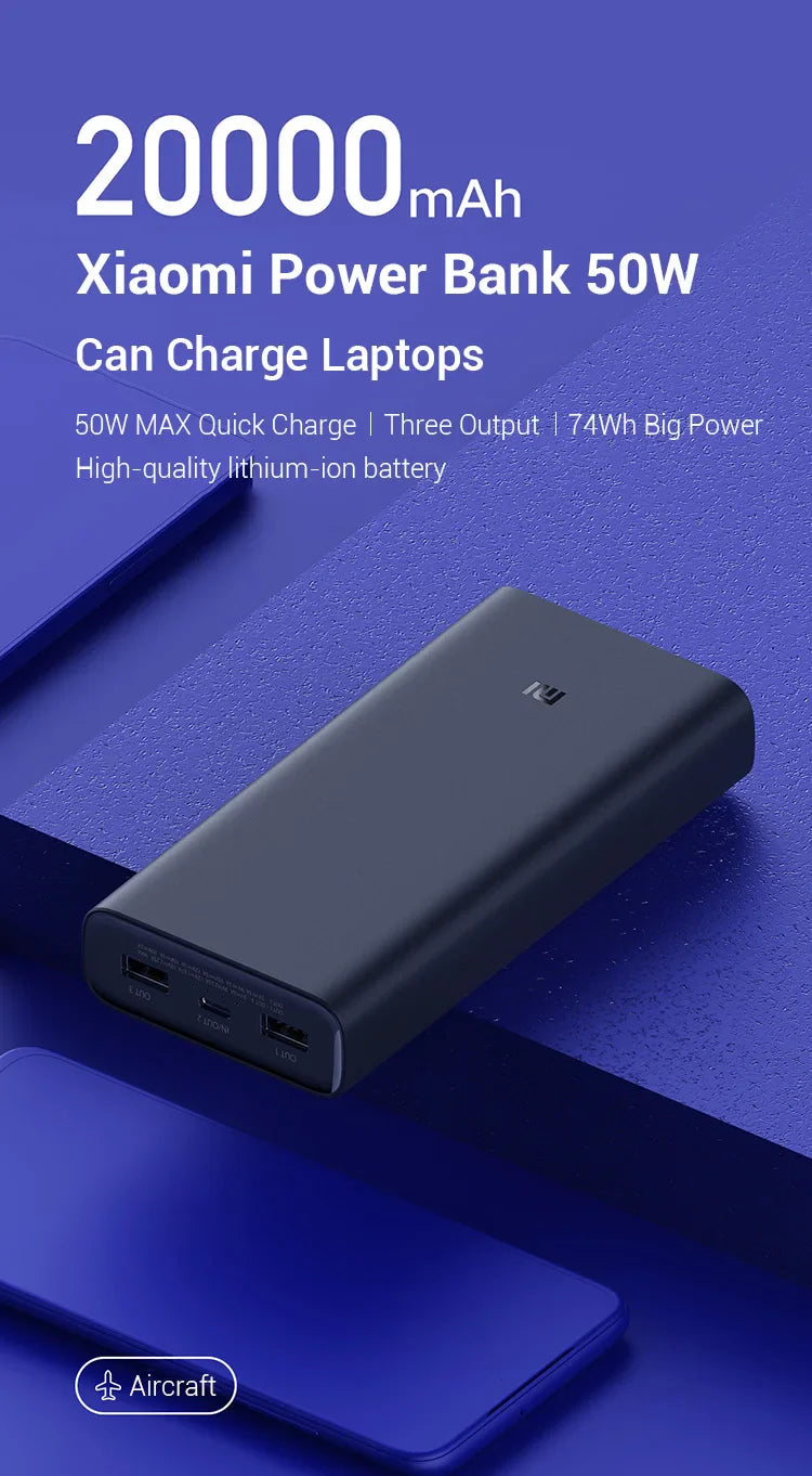 Xiaomi Mi Power Bank 3 20000mAh 50W Max Flash Charge 3Ports Output for Laptop and Smartphone - Black
